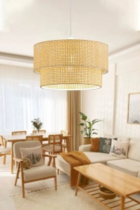 Modern Doğal Hazeran Rattan 2 Katlı Sarkıt Avize